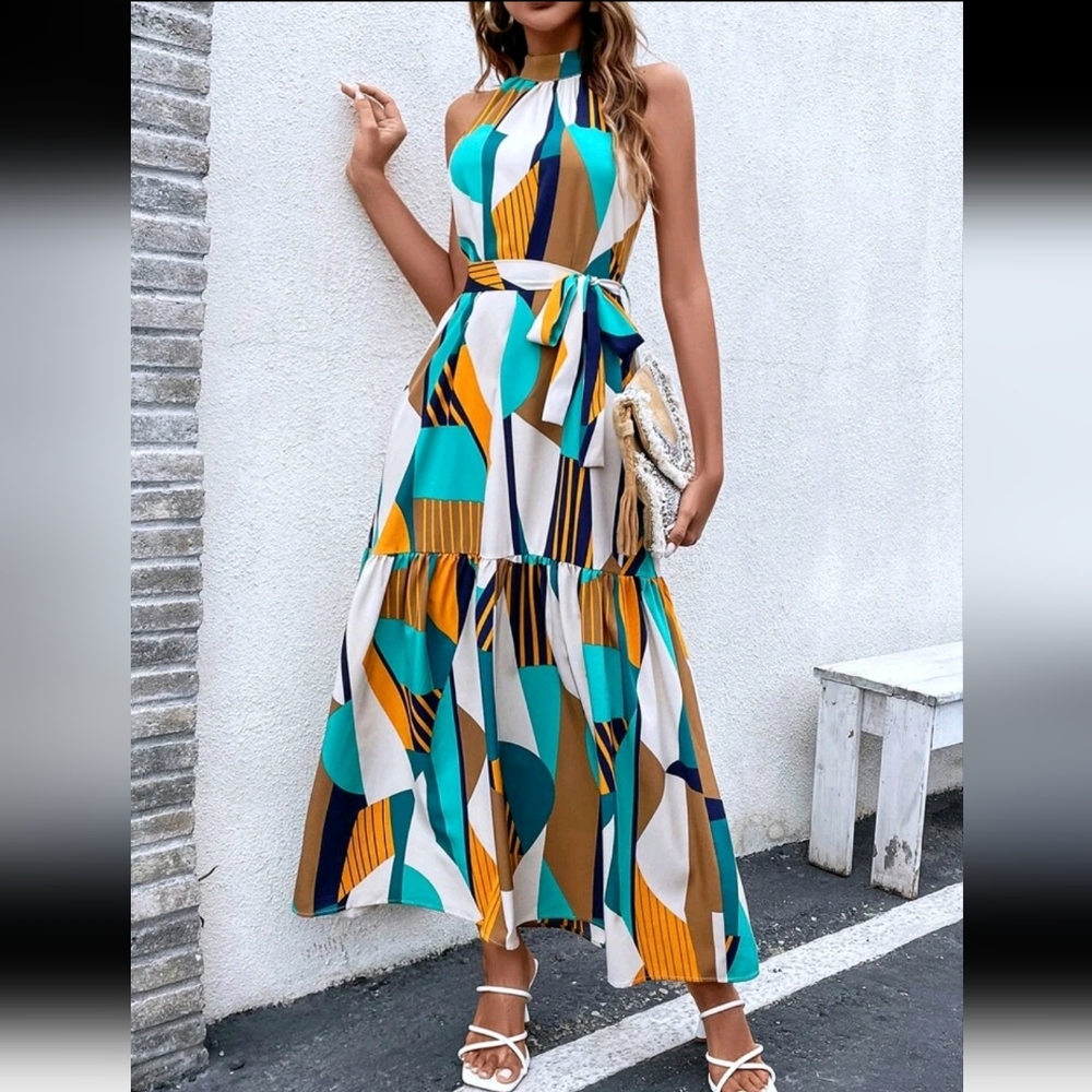 10- Geometric print halter maxi dress